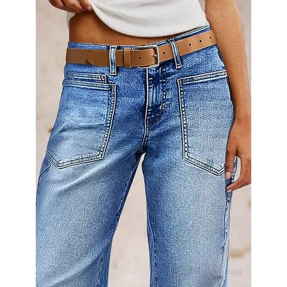 Women’s Straight Leg Jeans Mid Rise Stretchy Patch Pocket Casual Baggy